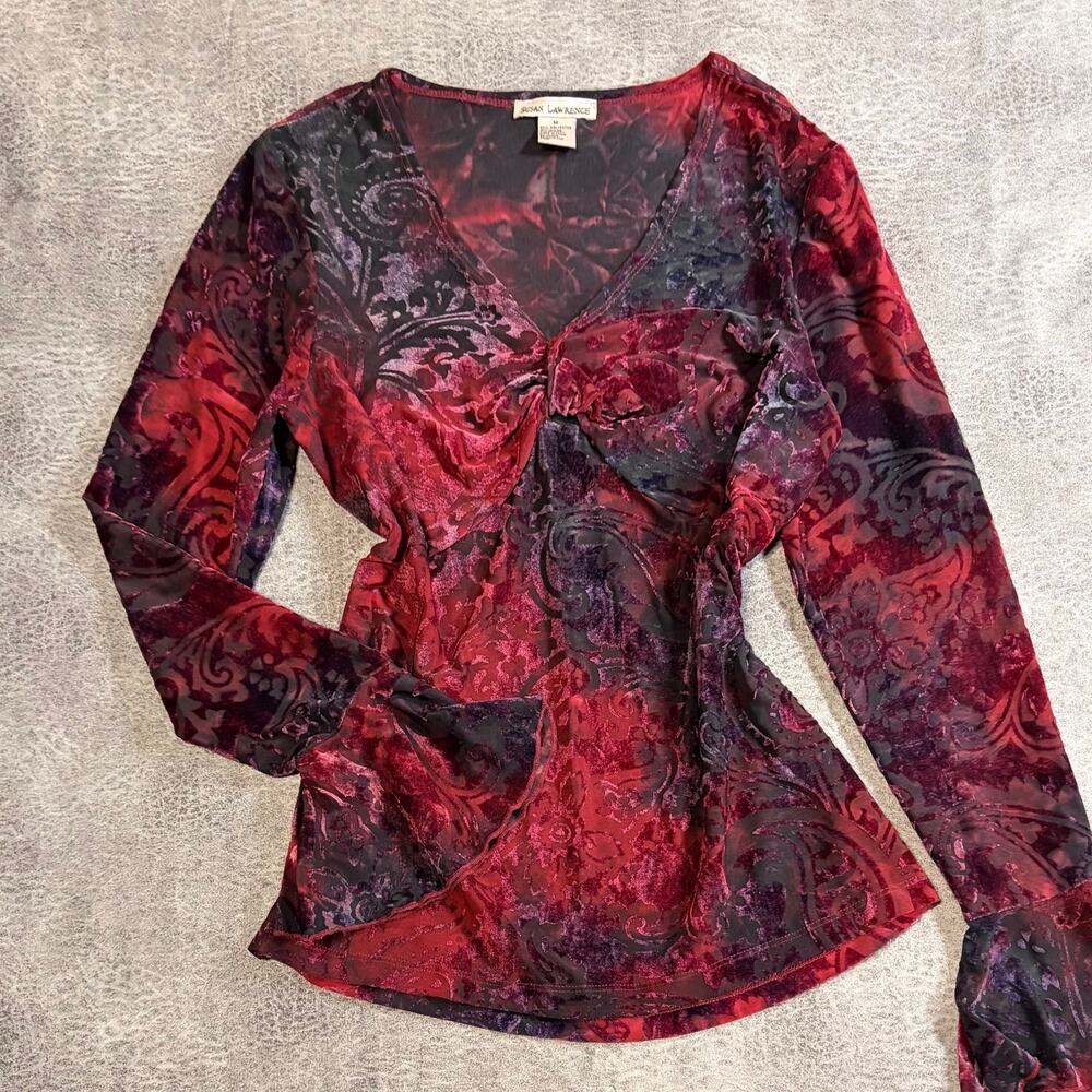 Romantic Red Velvet Paisley Long Sleeve Top